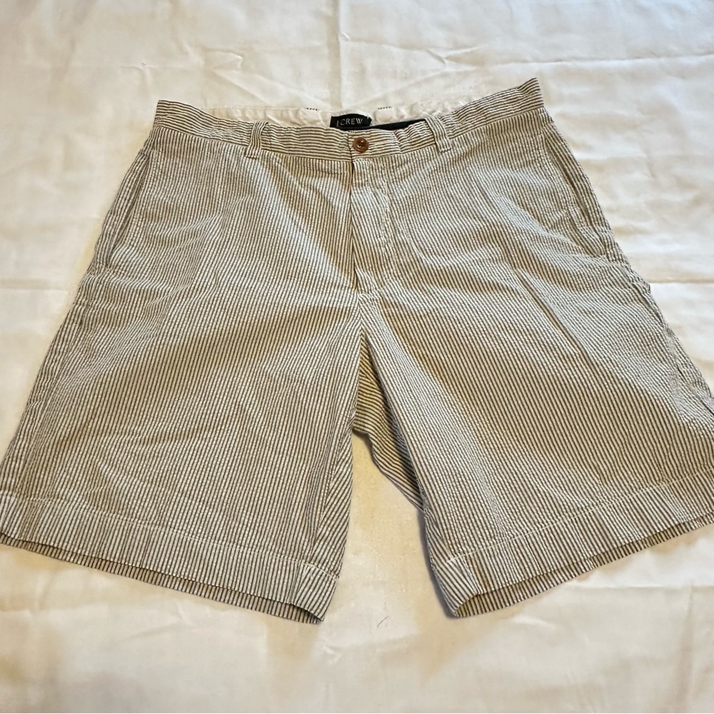 J.CREW Mens Seersucker Shorts Size 34 100% Cotton Sage Green /Beige Stripe